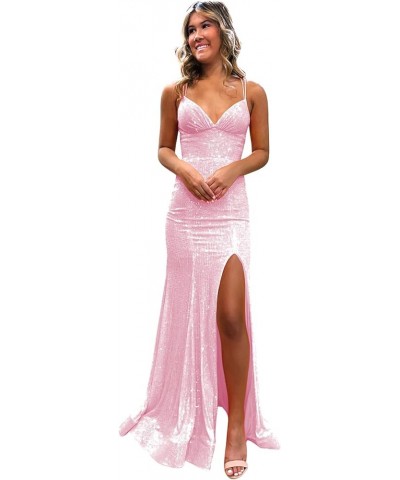 Women's Sequin Prom Dresses for Teens Spaghetti Straps Satin Ball Gowns Long High Slit Formal Evening Dress 2024 Pink $34.30 ...