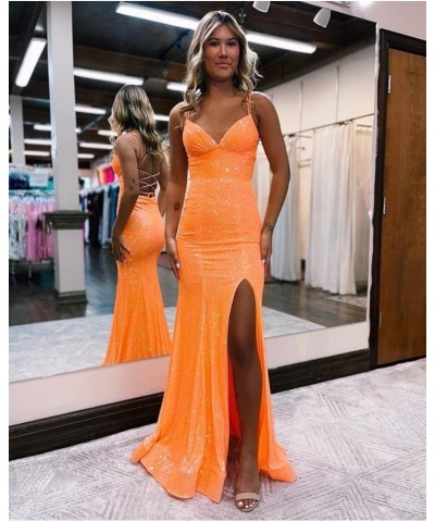 Women's Sequin Prom Dresses for Teens Spaghetti Straps Satin Ball Gowns Long High Slit Formal Evening Dress 2024 Pink $34.30 ...