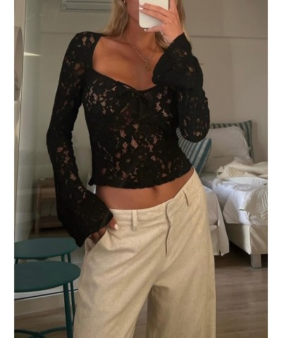 Women Lace Long Sleeve Shirt Top Y2k Sexy Sheer Mesh See Through Slim Fit Crop Top Blouse Tie Front-black $8.83 Blouses