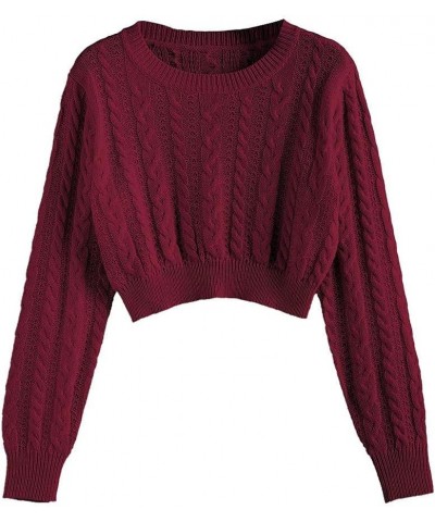 Women's Crew Neck Long Sleeve Pullover Crop Sweater Mock Neck Lantern Sleeve Ribbed Knit Jumper Sweater Red-1 $15.20 Sweaters