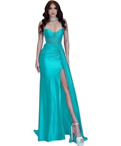 Mermaid Prom Dresses Satin Spaghetti Straps Pleated Evening Gowns with Slit Turquoise $29.90 Dresses