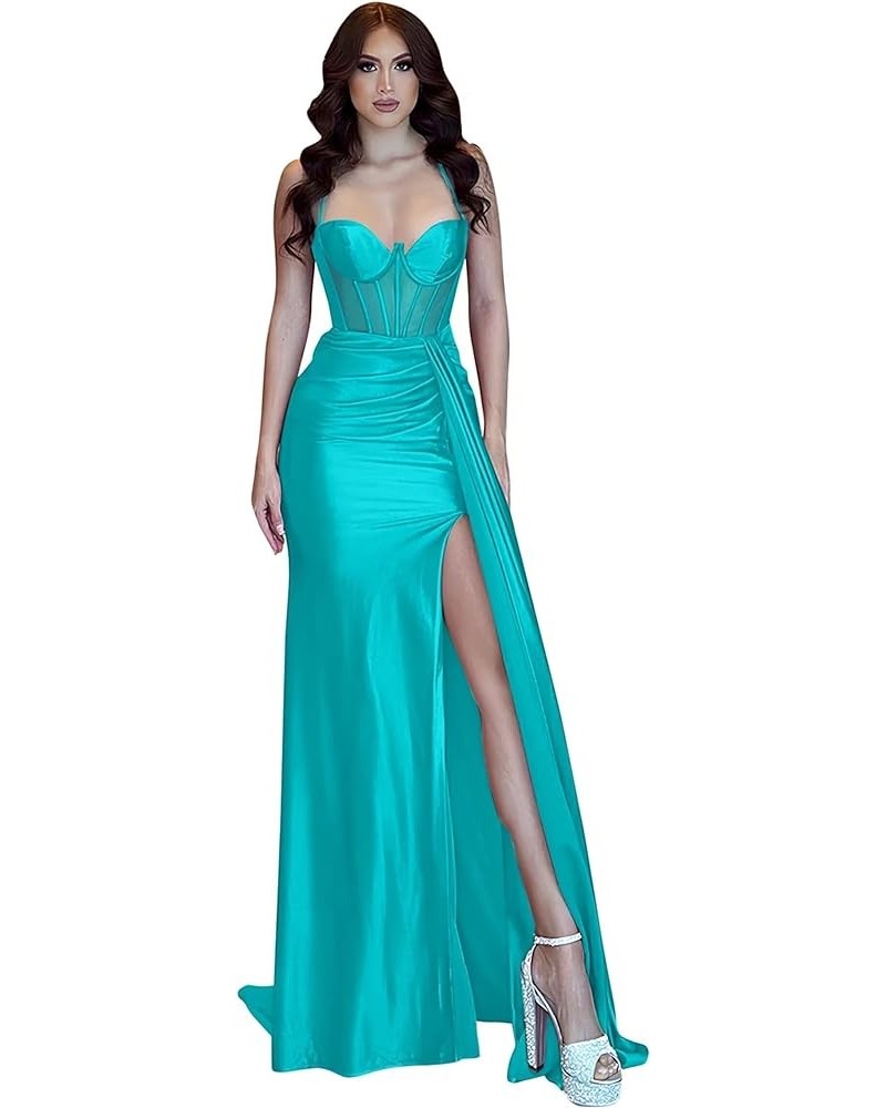 Mermaid Prom Dresses Satin Spaghetti Straps Pleated Evening Gowns with Slit Turquoise $29.90 Dresses