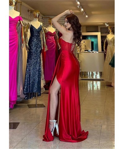 Mermaid Prom Dresses Satin Spaghetti Straps Pleated Evening Gowns with Slit Turquoise $29.90 Dresses