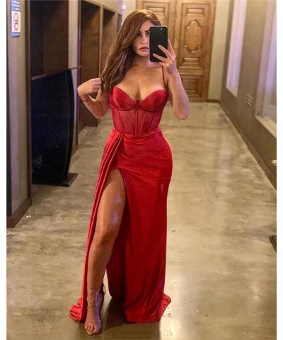 Mermaid Prom Dresses Satin Spaghetti Straps Pleated Evening Gowns with Slit Turquoise $29.90 Dresses