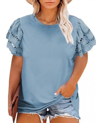 Womens Plus Size Hollow Out Ruffle Short Sleeve Crewneck Summer Casual Tee Shirts Blouse(1X-5X) B Light Blue $14.10 Blouses