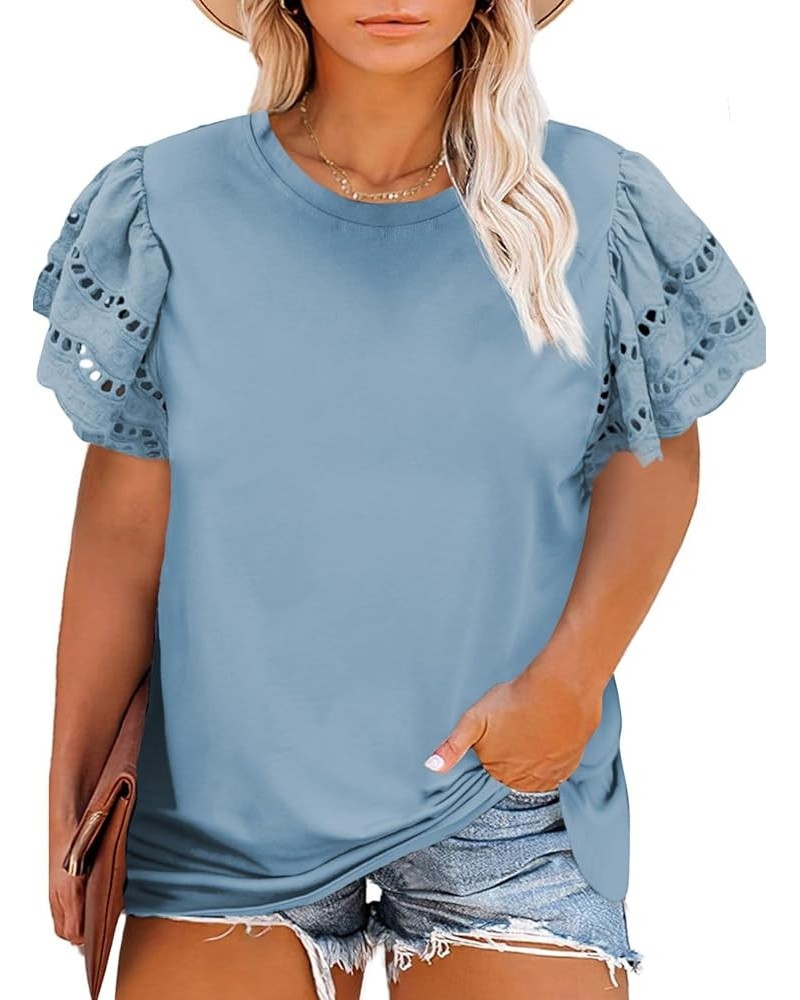 Womens Plus Size Hollow Out Ruffle Short Sleeve Crewneck Summer Casual Tee Shirts Blouse(1X-5X) B Light Blue $14.10 Blouses