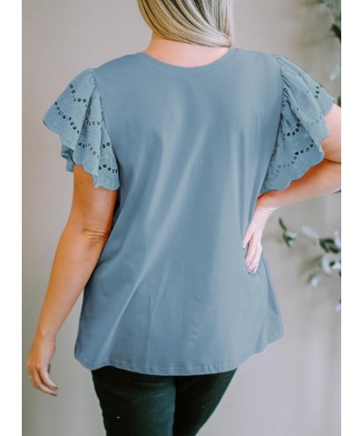 Womens Plus Size Hollow Out Ruffle Short Sleeve Crewneck Summer Casual Tee Shirts Blouse(1X-5X) B Light Blue $14.10 Blouses