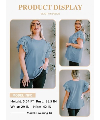 Womens Plus Size Hollow Out Ruffle Short Sleeve Crewneck Summer Casual Tee Shirts Blouse(1X-5X) B Light Blue $14.10 Blouses