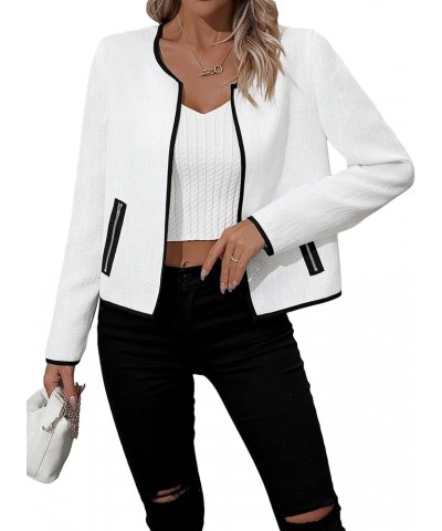 Women's Elegant Long Sleeve Open Front Blazer Jacket Round Neck Zipper Pockets Tweed Overcoat White $21.99 Blazers