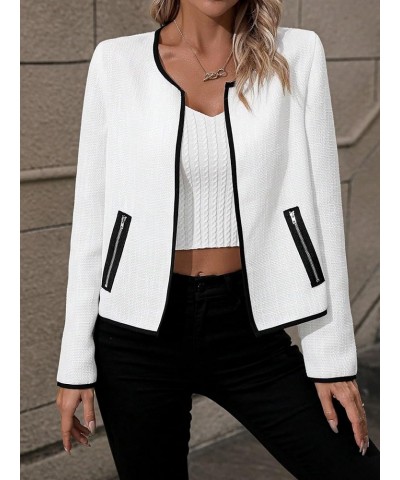 Women's Elegant Long Sleeve Open Front Blazer Jacket Round Neck Zipper Pockets Tweed Overcoat White $21.99 Blazers