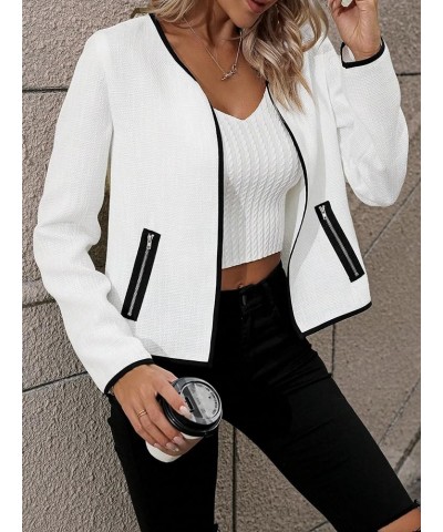 Women's Elegant Long Sleeve Open Front Blazer Jacket Round Neck Zipper Pockets Tweed Overcoat White $21.99 Blazers