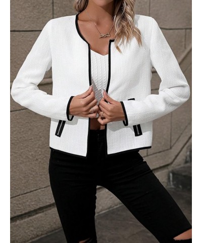 Women's Elegant Long Sleeve Open Front Blazer Jacket Round Neck Zipper Pockets Tweed Overcoat White $21.99 Blazers