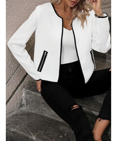 Women's Elegant Long Sleeve Open Front Blazer Jacket Round Neck Zipper Pockets Tweed Overcoat White $21.99 Blazers