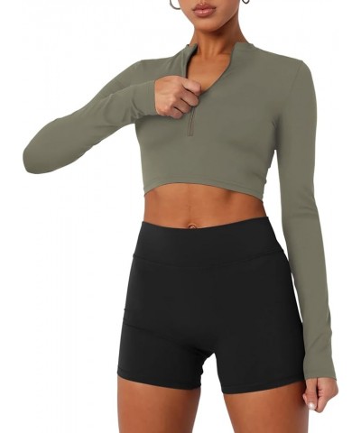 Womens Cropped Jackets Half Zip Long Sleeve Seamless Workout Sweatshirts Lightweight Casual Tops Army Green $16.31 Activewear