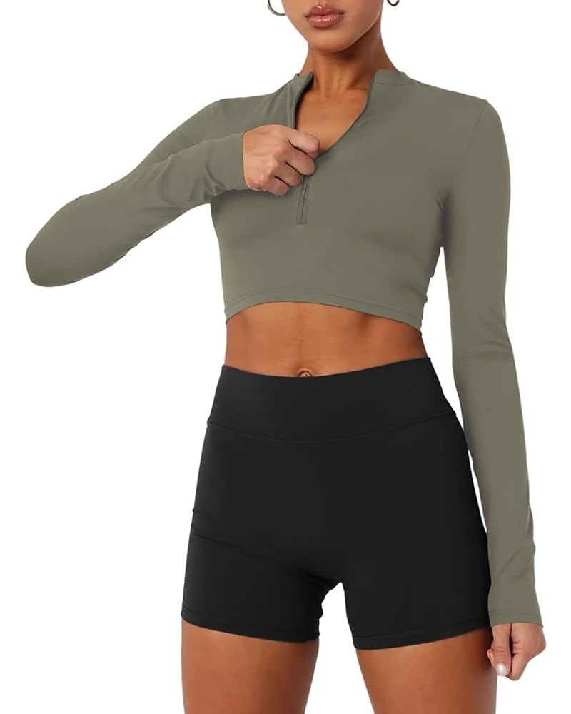 Womens Cropped Jackets Half Zip Long Sleeve Seamless Workout Sweatshirts Lightweight Casual Tops Army Green $16.31 Activewear