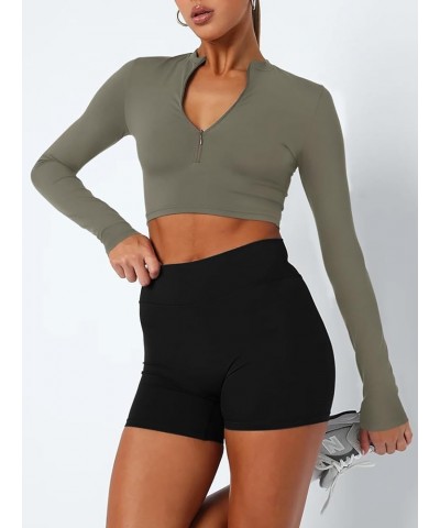 Womens Cropped Jackets Half Zip Long Sleeve Seamless Workout Sweatshirts Lightweight Casual Tops Army Green $16.31 Activewear