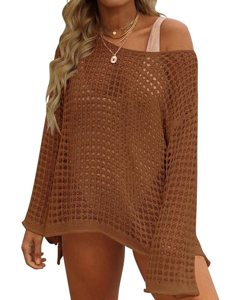 Women Crochet Cover Ups Long Sleeve Bathing Suit Hollow Out Knit Swimsuit Casual Beach Bikini Mesh Tunic Tops Coffee $16.17 S...