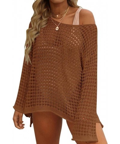 Women Crochet Cover Ups Long Sleeve Bathing Suit Hollow Out Knit Swimsuit Casual Beach Bikini Mesh Tunic Tops Coffee $16.17 S...