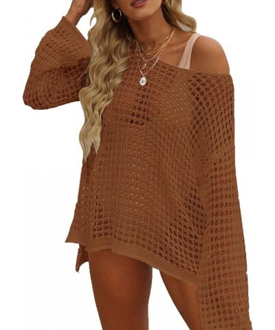 Women Crochet Cover Ups Long Sleeve Bathing Suit Hollow Out Knit Swimsuit Casual Beach Bikini Mesh Tunic Tops Coffee $16.17 S...