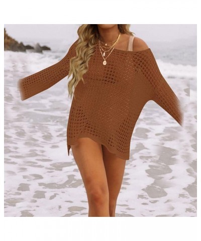 Women Crochet Cover Ups Long Sleeve Bathing Suit Hollow Out Knit Swimsuit Casual Beach Bikini Mesh Tunic Tops Coffee $16.17 S...