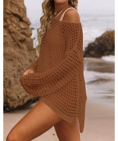 Women Crochet Cover Ups Long Sleeve Bathing Suit Hollow Out Knit Swimsuit Casual Beach Bikini Mesh Tunic Tops Coffee $16.17 S...