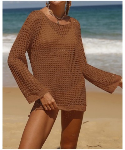 Women Crochet Cover Ups Long Sleeve Bathing Suit Hollow Out Knit Swimsuit Casual Beach Bikini Mesh Tunic Tops Coffee $16.17 S...