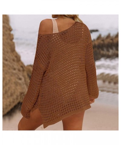 Women Crochet Cover Ups Long Sleeve Bathing Suit Hollow Out Knit Swimsuit Casual Beach Bikini Mesh Tunic Tops Coffee $16.17 S...