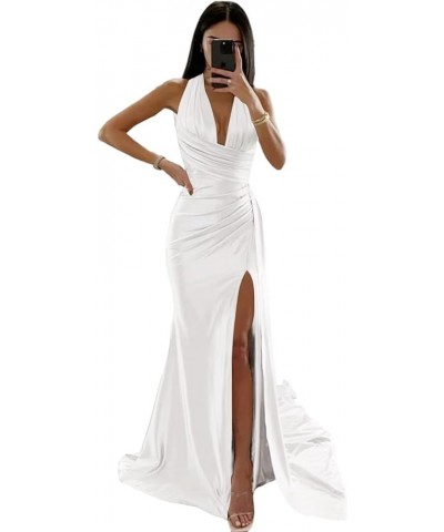 Women's Halter Satin Prom Dress Floor Length Formal Evening Party Gowns with Slit White $28.60 Dresses