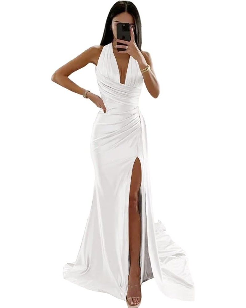 Women's Halter Satin Prom Dress Floor Length Formal Evening Party Gowns with Slit White $28.60 Dresses