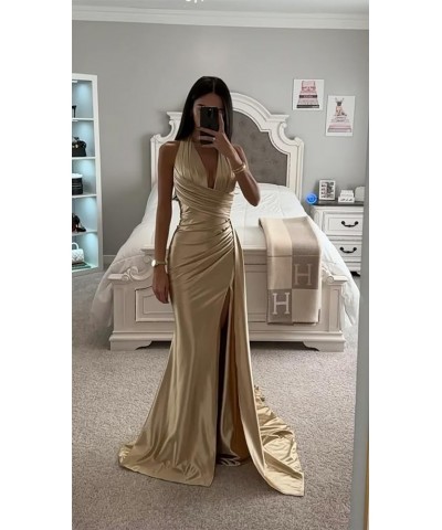 Women's Halter Satin Prom Dress Floor Length Formal Evening Party Gowns with Slit White $28.60 Dresses