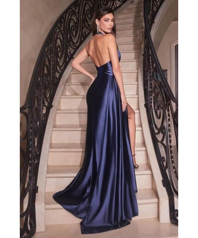 Women's Halter Satin Prom Dress Floor Length Formal Evening Party Gowns with Slit White $28.60 Dresses