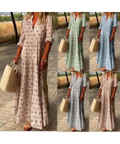 Women Casual Boho Long Sleeve Loose Dress Summer Vintage Pleated V Neck Plus Size Tiered Flowy Beach Maxi Dress Blue-ds1 $17....