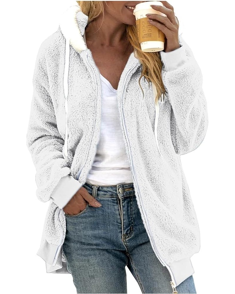 Womens Winter Jacket Coats Solid Color Artificial Wool Zipper Drawstring Long-Sleeved Thermal Sweatshirt Outerwear White-4 $1...