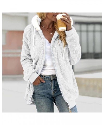 Womens Winter Jacket Coats Solid Color Artificial Wool Zipper Drawstring Long-Sleeved Thermal Sweatshirt Outerwear White-4 $1...