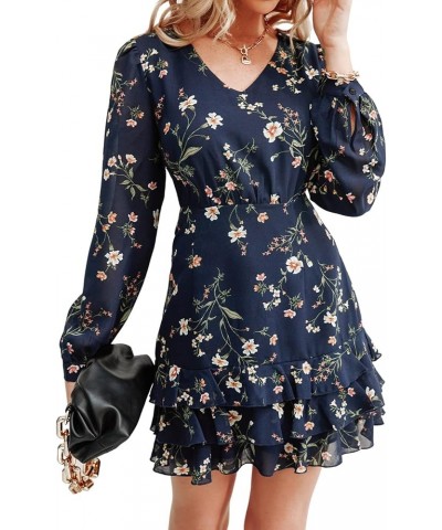 Women's Casual V Neck Short Length Dresses Long Sleeves Ruffled Mini Dress with Floral Print Navy Blue $20.25 Dresses