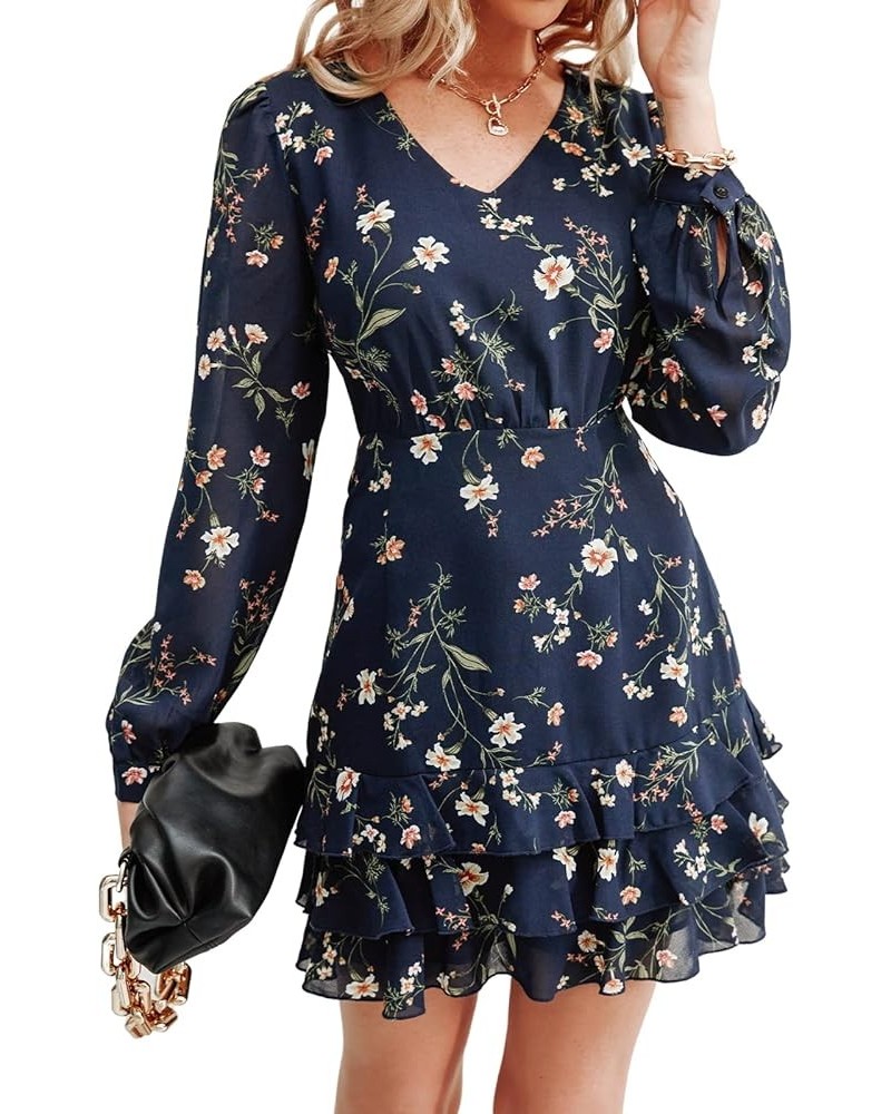 Women's Casual V Neck Short Length Dresses Long Sleeves Ruffled Mini Dress with Floral Print Navy Blue $20.25 Dresses