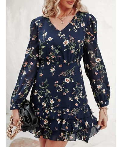 Women's Casual V Neck Short Length Dresses Long Sleeves Ruffled Mini Dress with Floral Print Navy Blue $20.25 Dresses