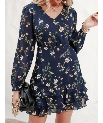 Women's Casual V Neck Short Length Dresses Long Sleeves Ruffled Mini Dress with Floral Print Navy Blue $20.25 Dresses