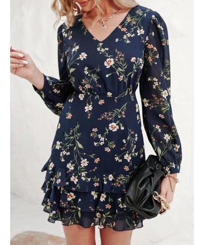 Women's Casual V Neck Short Length Dresses Long Sleeves Ruffled Mini Dress with Floral Print Navy Blue $20.25 Dresses