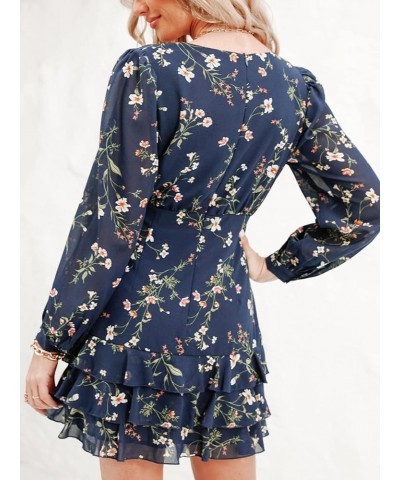 Women's Casual V Neck Short Length Dresses Long Sleeves Ruffled Mini Dress with Floral Print Navy Blue $20.25 Dresses