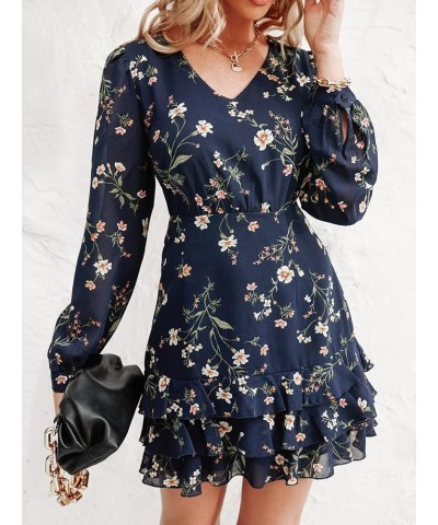 Women's Casual V Neck Short Length Dresses Long Sleeves Ruffled Mini Dress with Floral Print Navy Blue $20.25 Dresses