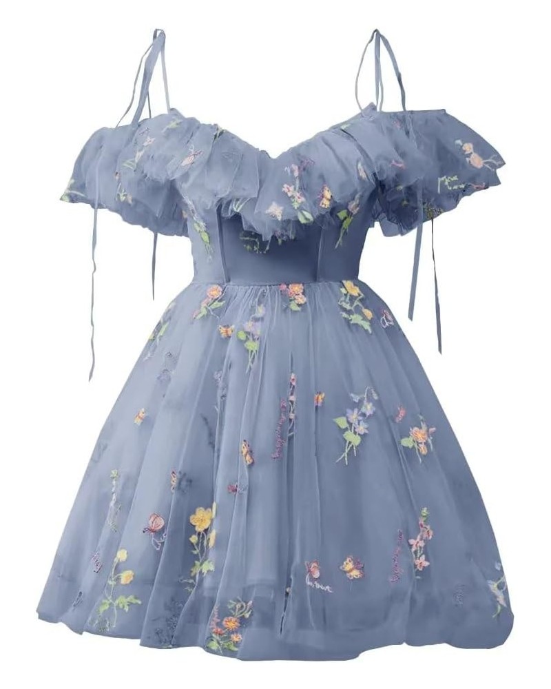 Cold Shoulder Flower Embroidery Tulle Homecoming Dresses Short for Teens Formal Cocktail Party Prom Gowns 03-dusty Blue $24.0...