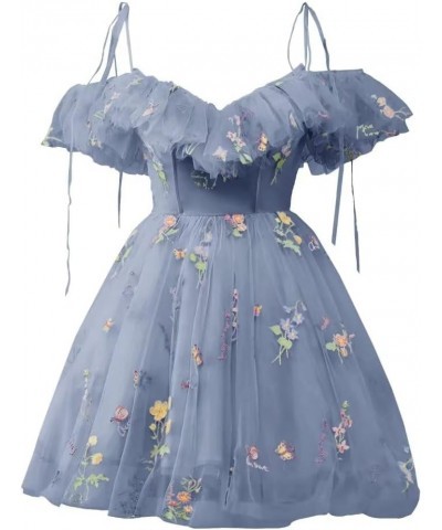 Cold Shoulder Flower Embroidery Tulle Homecoming Dresses Short for Teens Formal Cocktail Party Prom Gowns 03-dusty Blue $24.0...