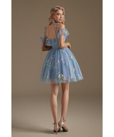 Cold Shoulder Flower Embroidery Tulle Homecoming Dresses Short for Teens Formal Cocktail Party Prom Gowns 03-dusty Blue $24.0...