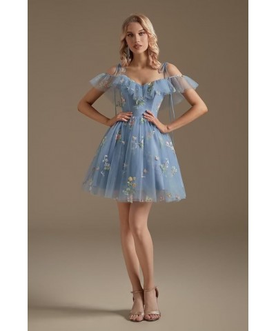 Cold Shoulder Flower Embroidery Tulle Homecoming Dresses Short for Teens Formal Cocktail Party Prom Gowns 03-dusty Blue $24.0...