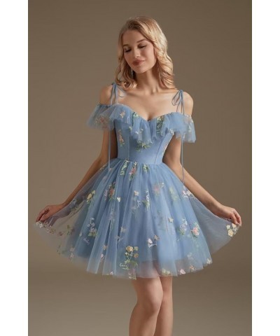 Cold Shoulder Flower Embroidery Tulle Homecoming Dresses Short for Teens Formal Cocktail Party Prom Gowns 03-dusty Blue $24.0...