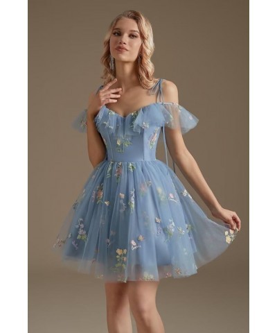 Cold Shoulder Flower Embroidery Tulle Homecoming Dresses Short for Teens Formal Cocktail Party Prom Gowns 03-dusty Blue $24.0...