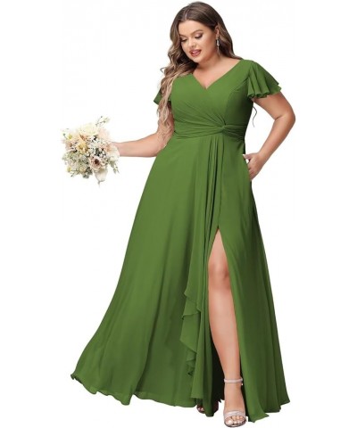 Women's Fultter Sleeves Bridesmaid Dresses Long with Slit Pleated Chiffon Formal Party Dresses with Pocket NA20 Olive Green $...
