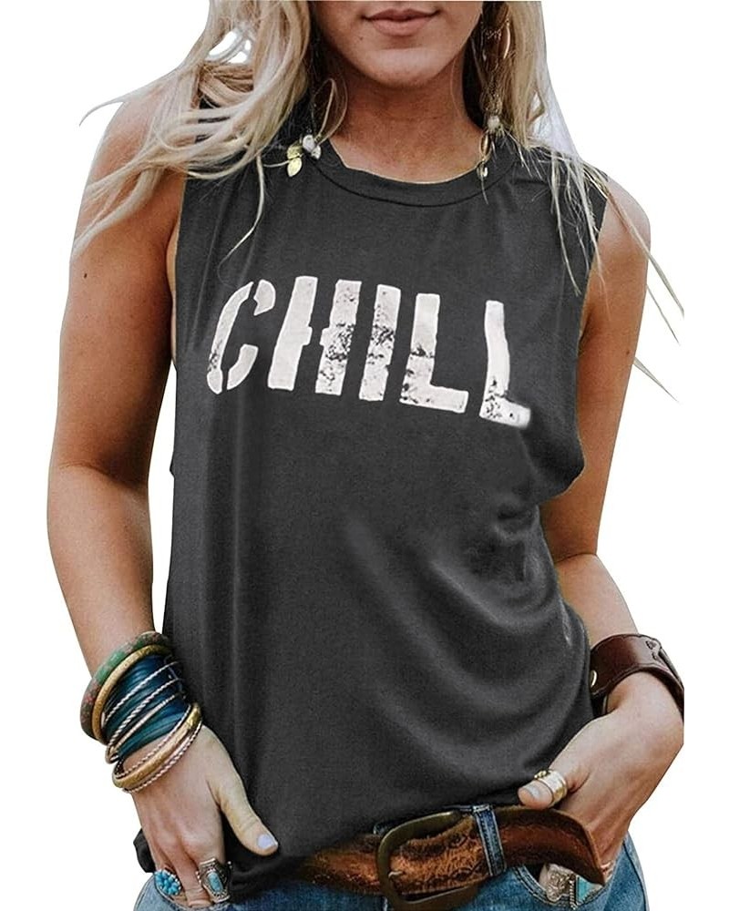 Womens Casual Loose Graphic Comfy Tank Tops Summer Basic T-Shirts Sleeveless Shirts Tunic Tops Chill-grey $12.99 Tanks