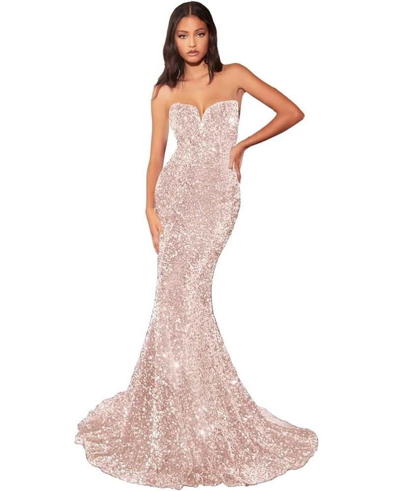 Women's Sequin Mermaid Prom Dresses Long Strapless Sweetheart Fitted Formal Evening Party Gowns Pink $34.44 Dresses